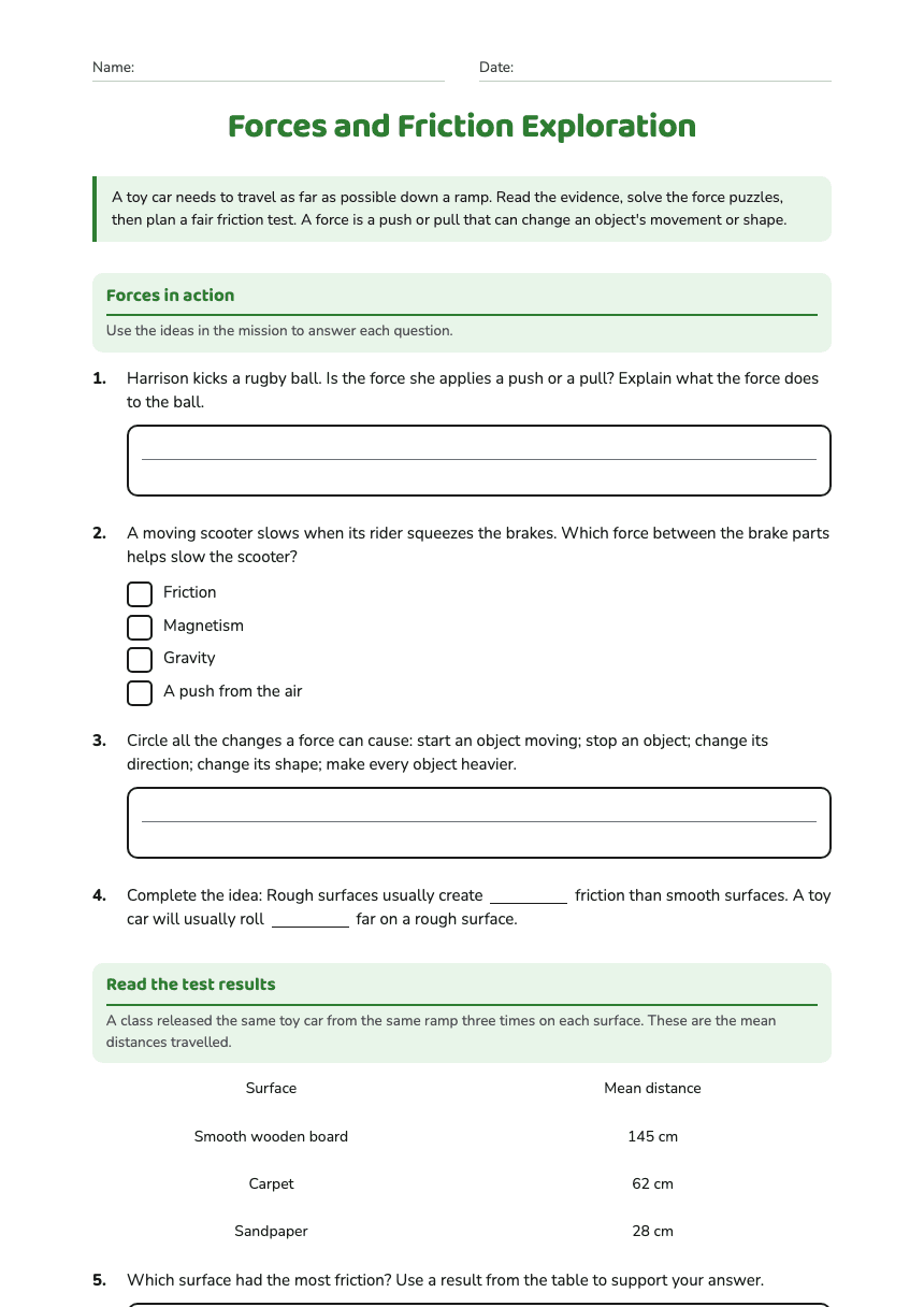 Forces and Friction Exploration worksheet preview