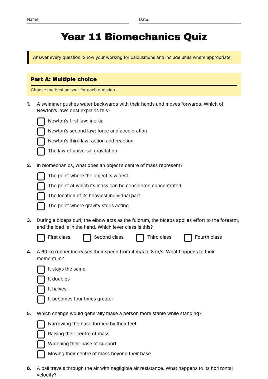Year 11 Biomechanics Quiz worksheet preview