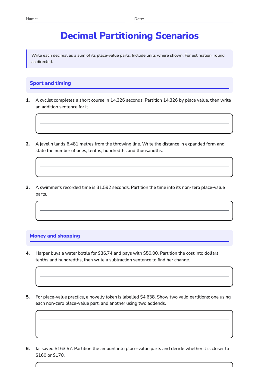Decimal Partitioning Scenarios worksheet preview