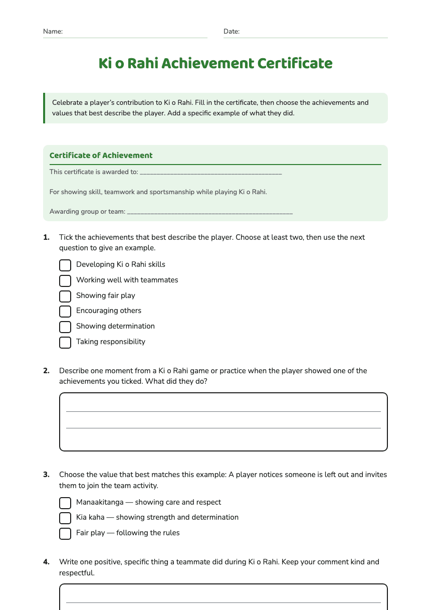 Ki o Rahi Achievement Certificate worksheet preview