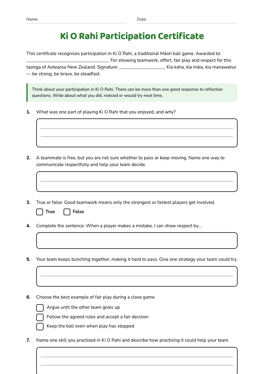 Ki O Rahi Participation Certificate worksheet preview