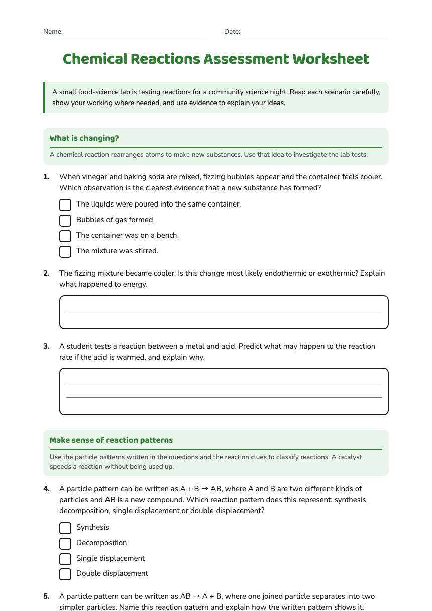 Chemical Reactions Assessment Worksheet worksheet preview