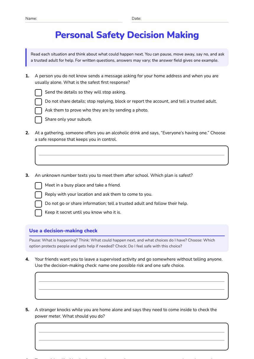 Personal Safety Decision Making worksheet preview