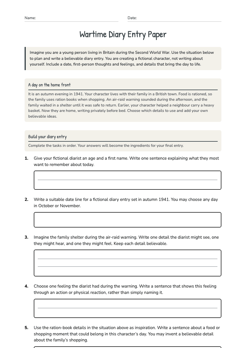 Wartime Diary Entry Paper worksheet preview