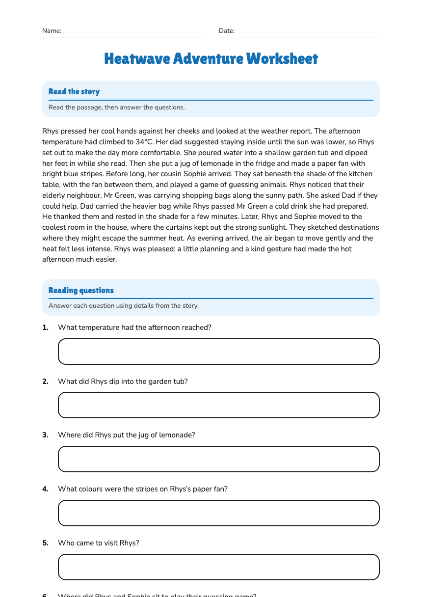 Heatwave Adventure Worksheet worksheet preview