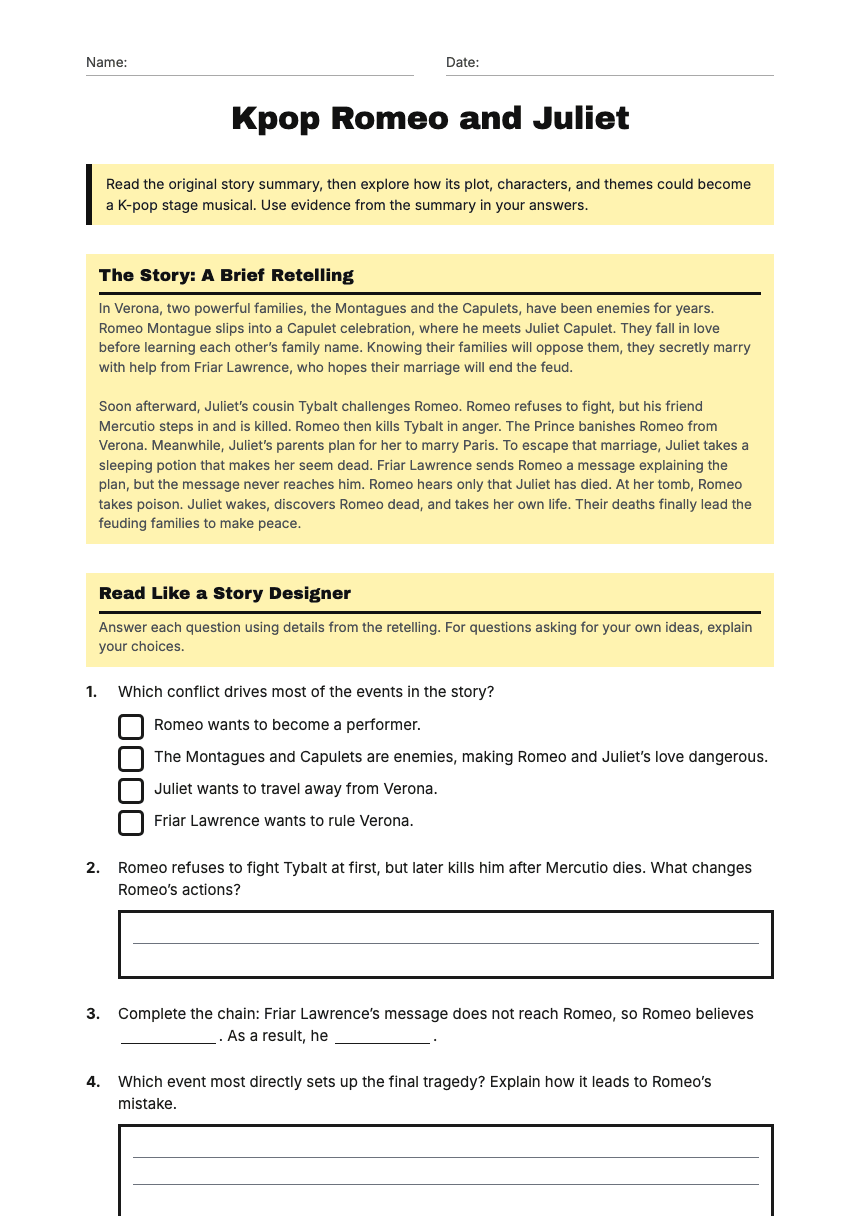 Kpop Romeo and Juliet worksheet preview