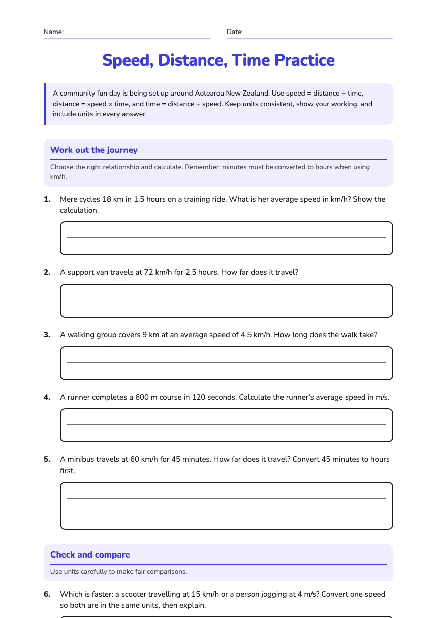 Speed, Distance, Time Practice worksheet preview