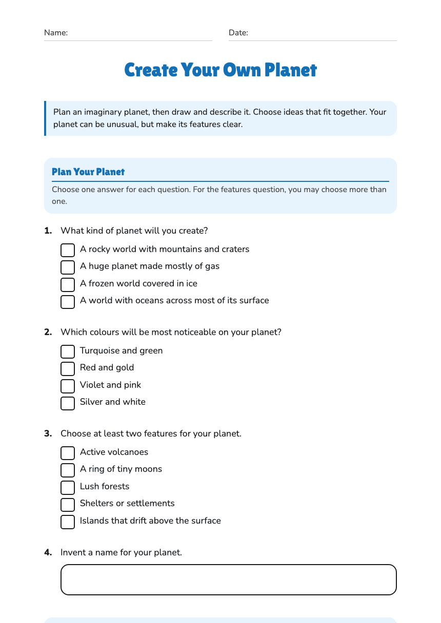 Create Your Own Planet worksheet preview