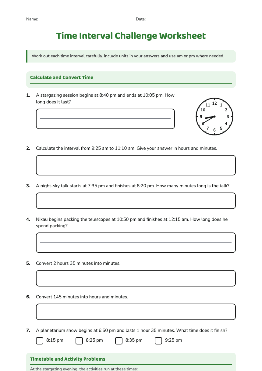 Time Interval Challenge Worksheet worksheet preview