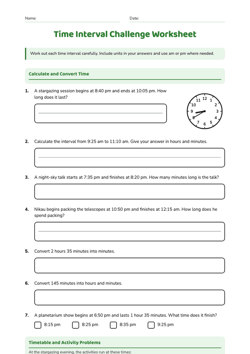 Time Interval Challenge Worksheet