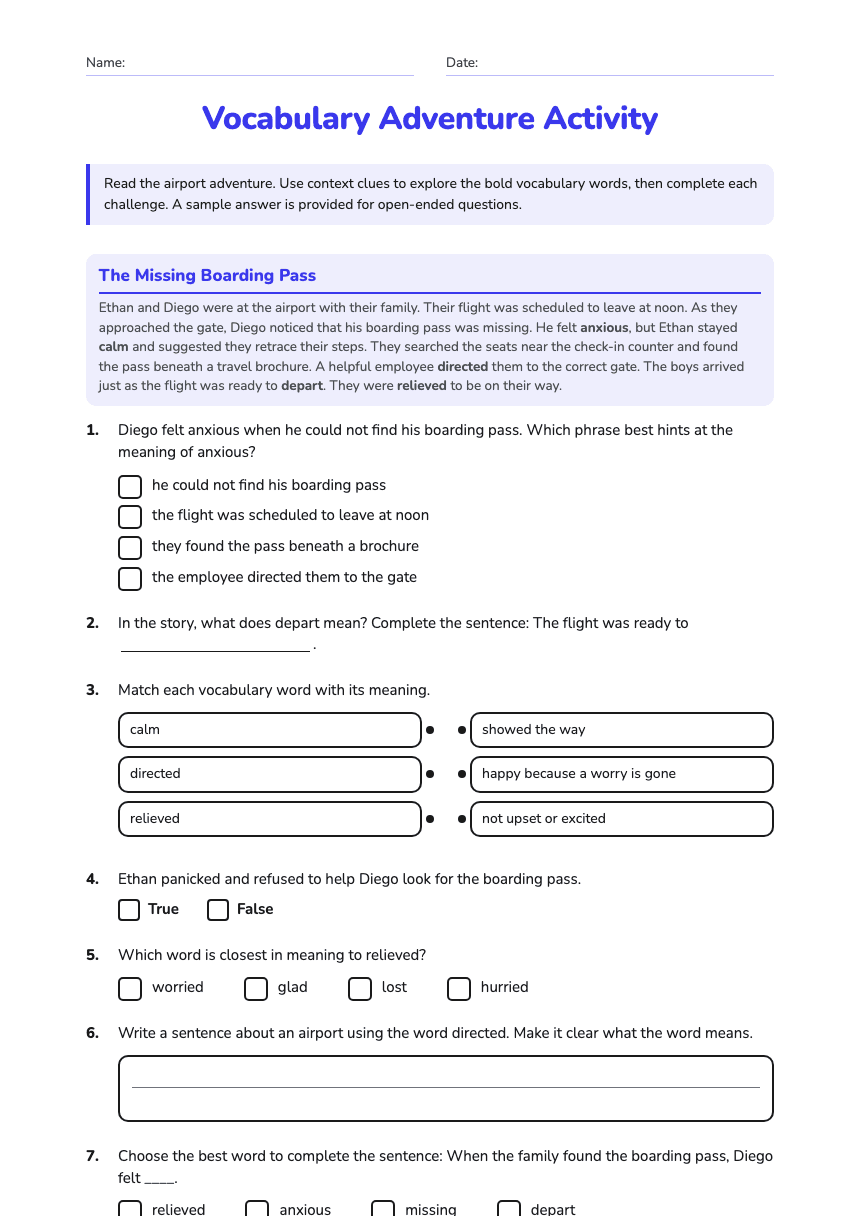 Vocabulary Adventure Activity worksheet preview