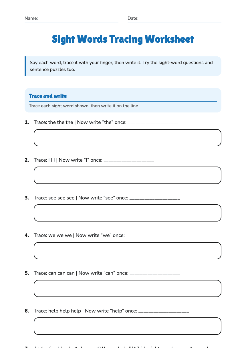 Sight Words Tracing Worksheet worksheet preview