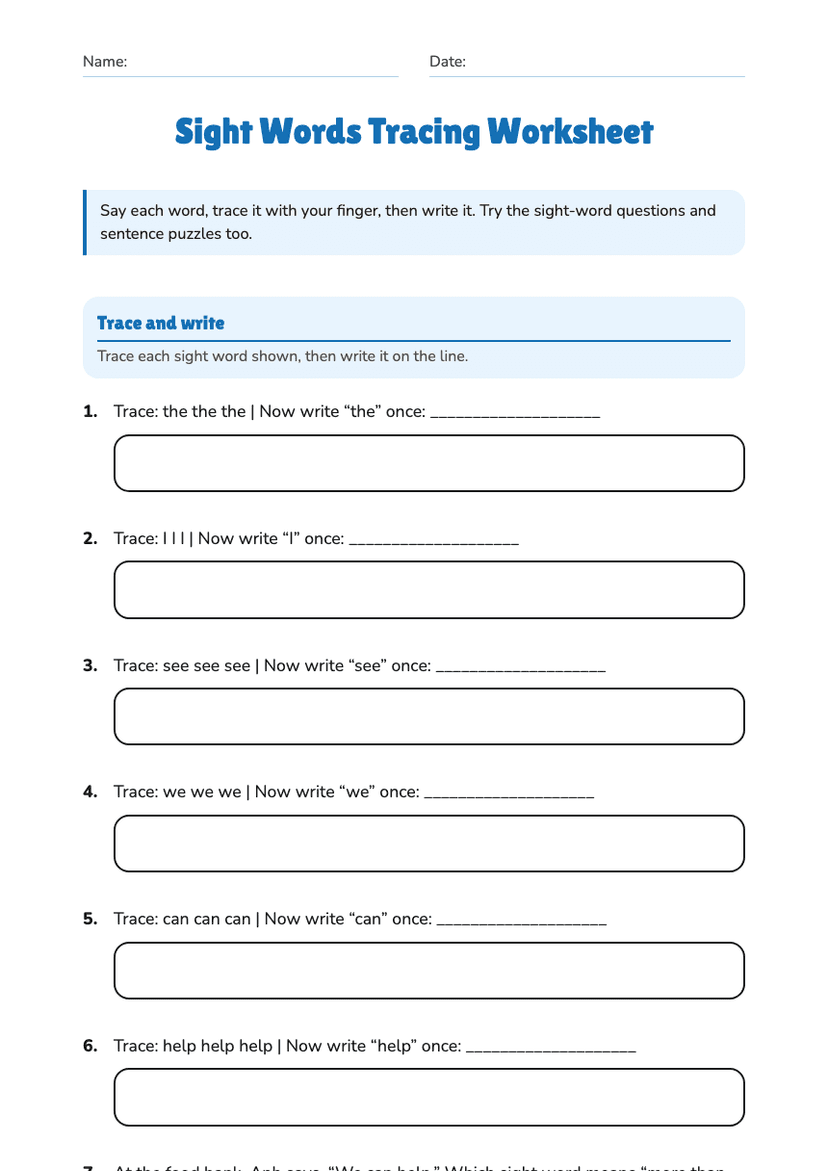 Sight Words Tracing Worksheet