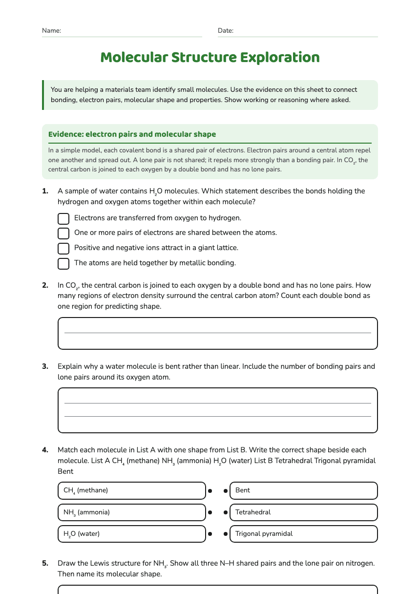 Molecular Structure Exploration worksheet preview