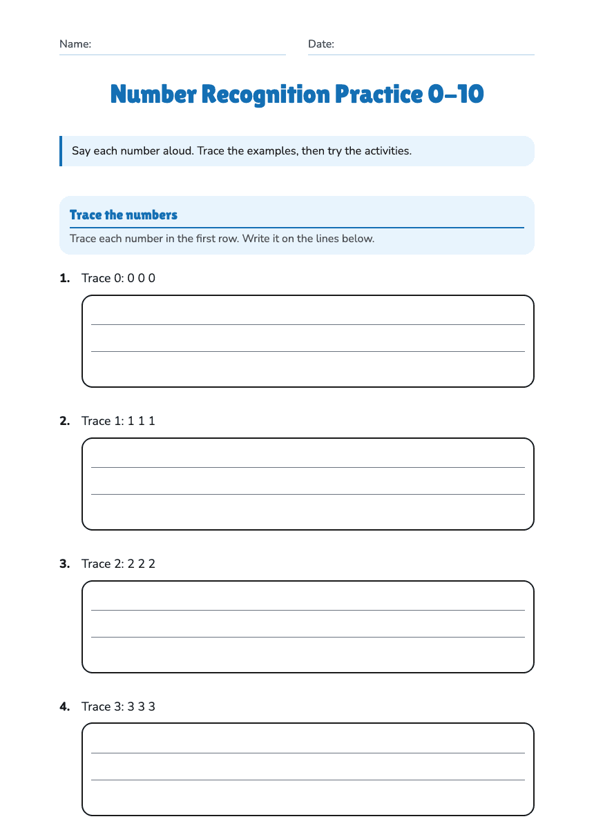 Number Recognition Practice 0-10 worksheet preview
