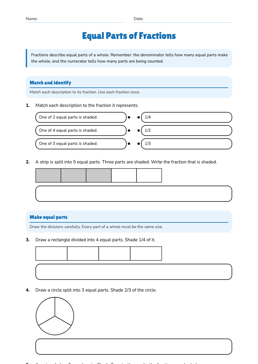 Equal Parts of Fractions worksheet preview