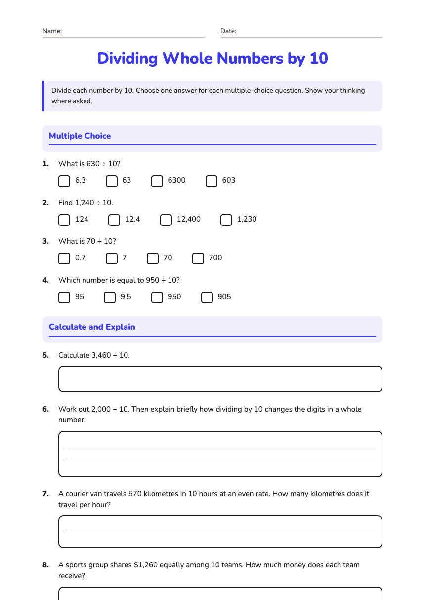 Dividing Whole Numbers by 10 worksheet preview