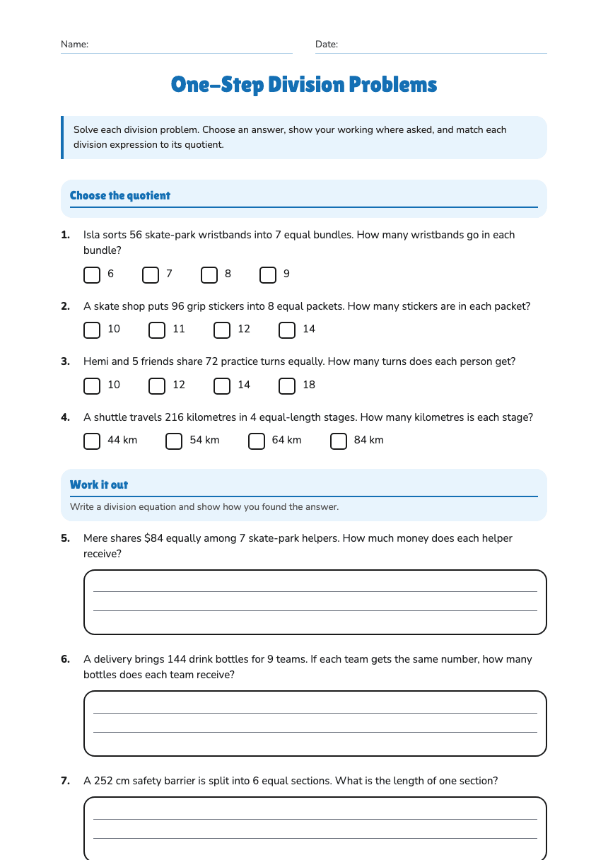 One-Step Division Problems worksheet preview