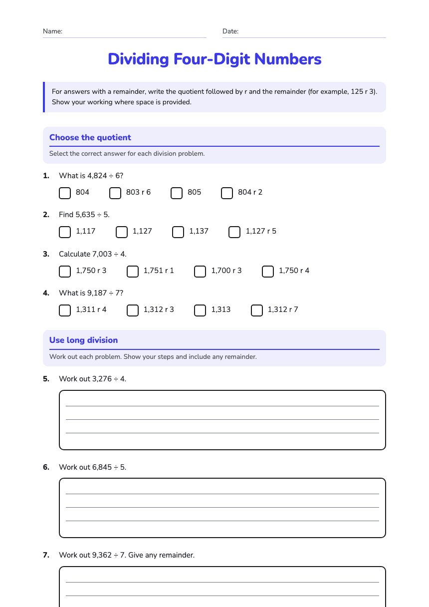 Dividing Four-Digit Numbers worksheet preview