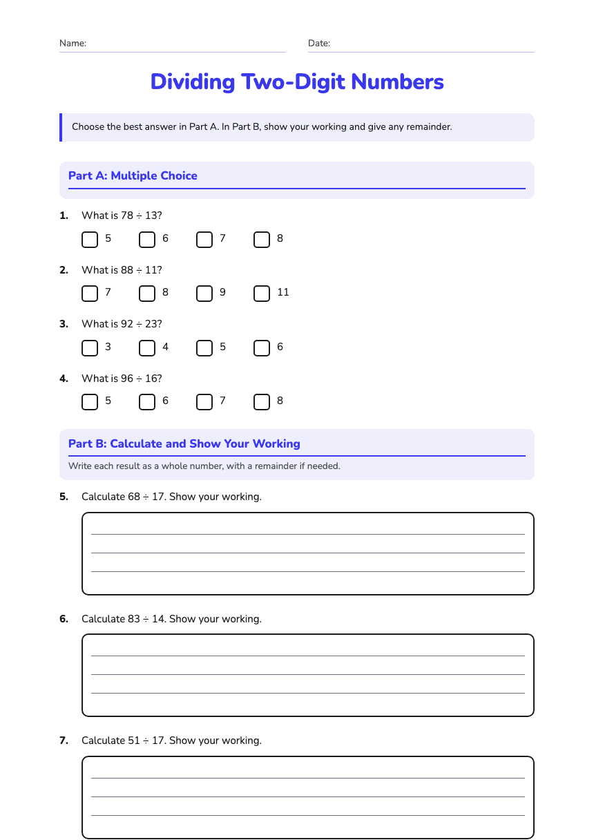 Dividing Two-Digit Numbers worksheet preview
