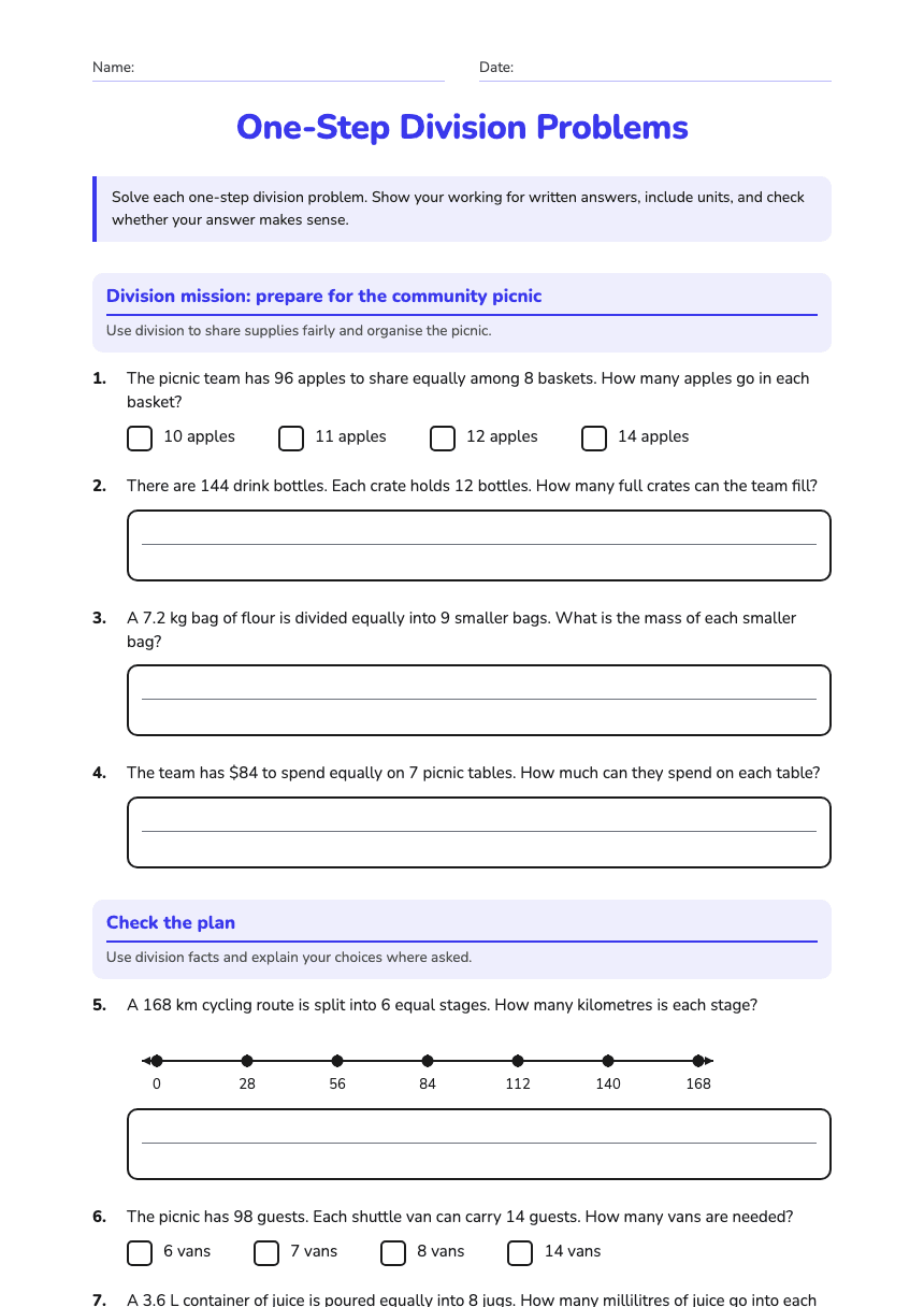 One-Step Division Problems worksheet preview
