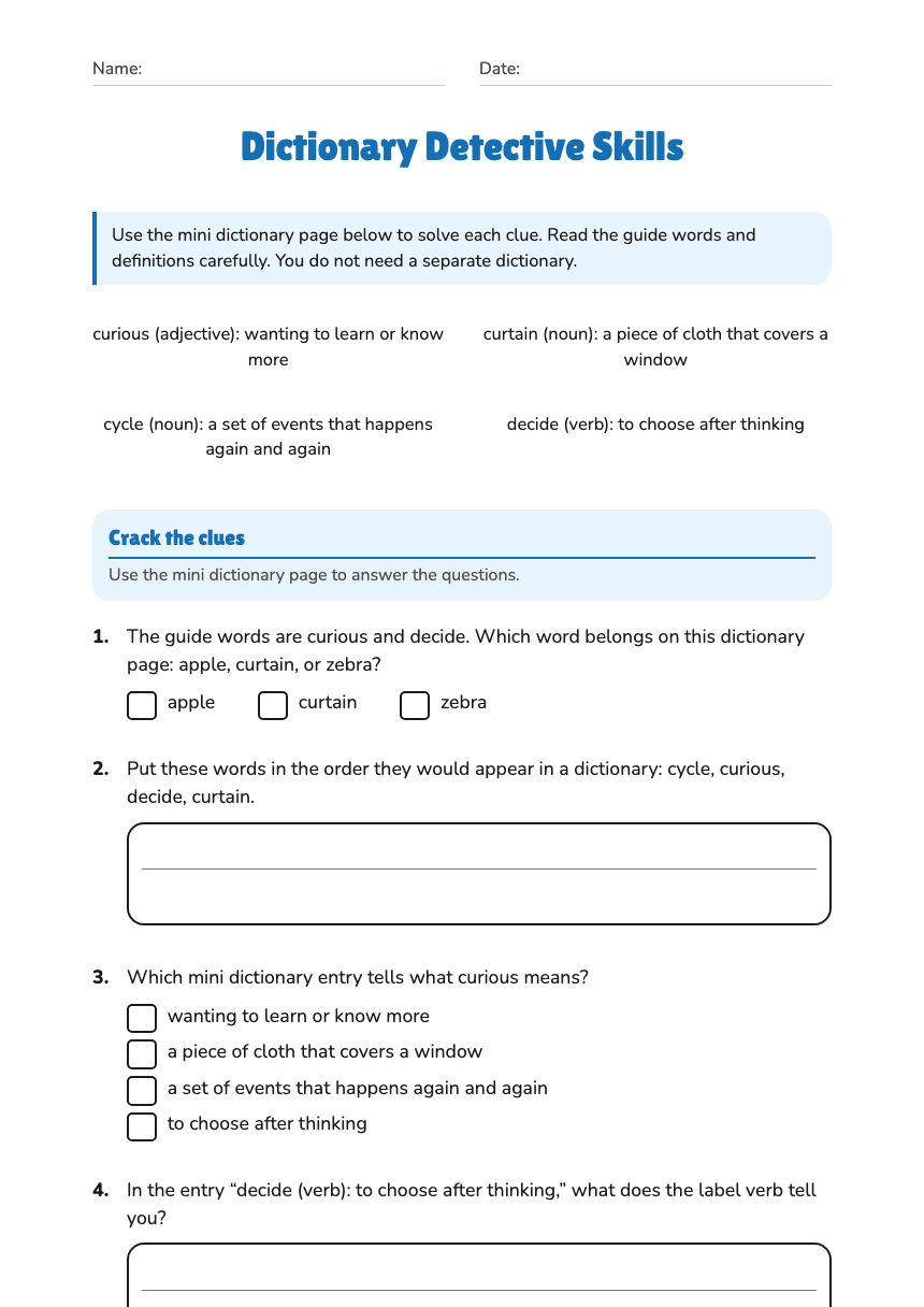 Dictionary Detective Skills worksheet preview