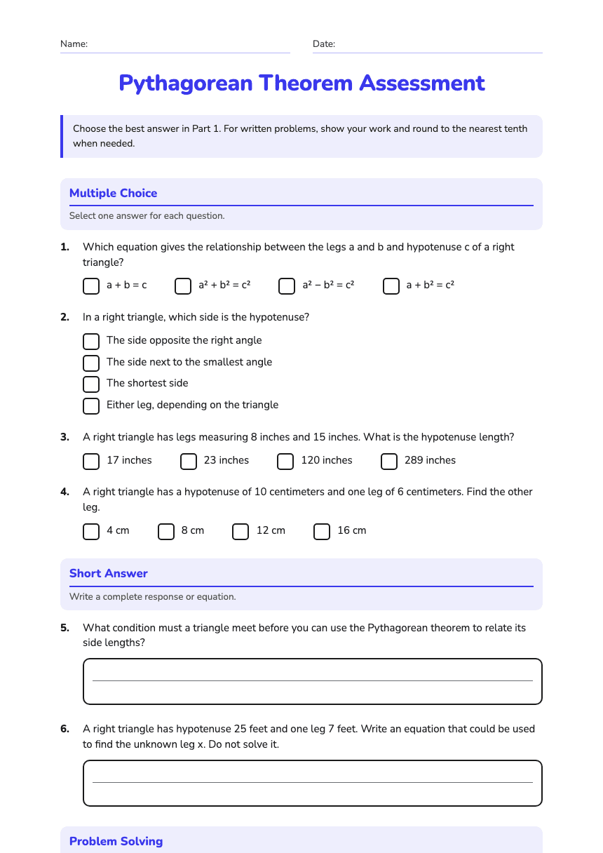 Pythagorean Theorem Assessment worksheet preview