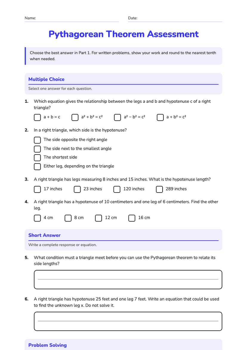 Pythagorean Theorem Assessment