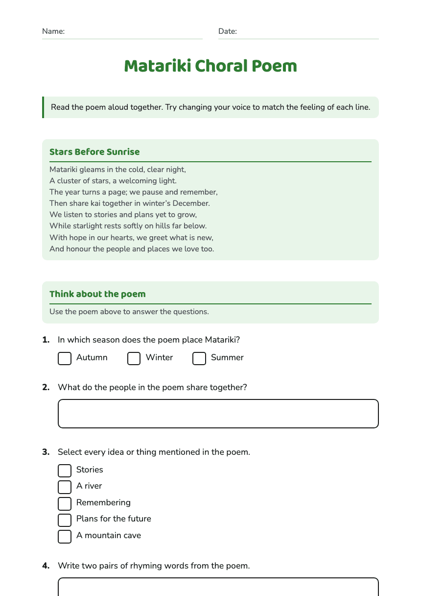 Matariki Choral Poem worksheet preview