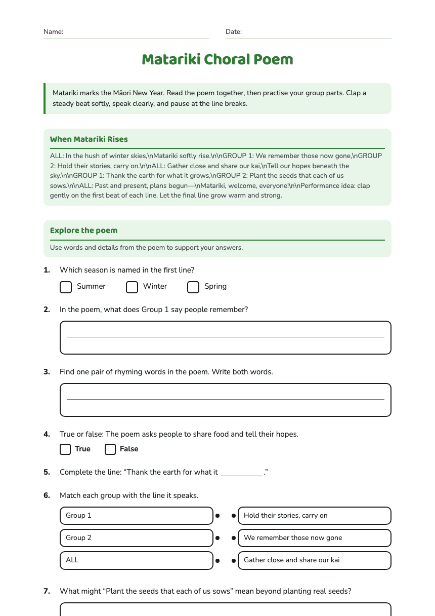 Matariki Choral Poem worksheet preview