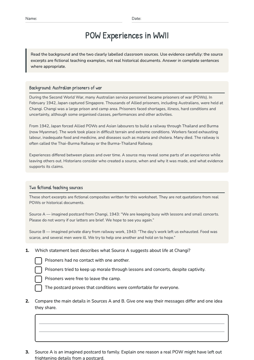 POW Experiences in WWII worksheet preview