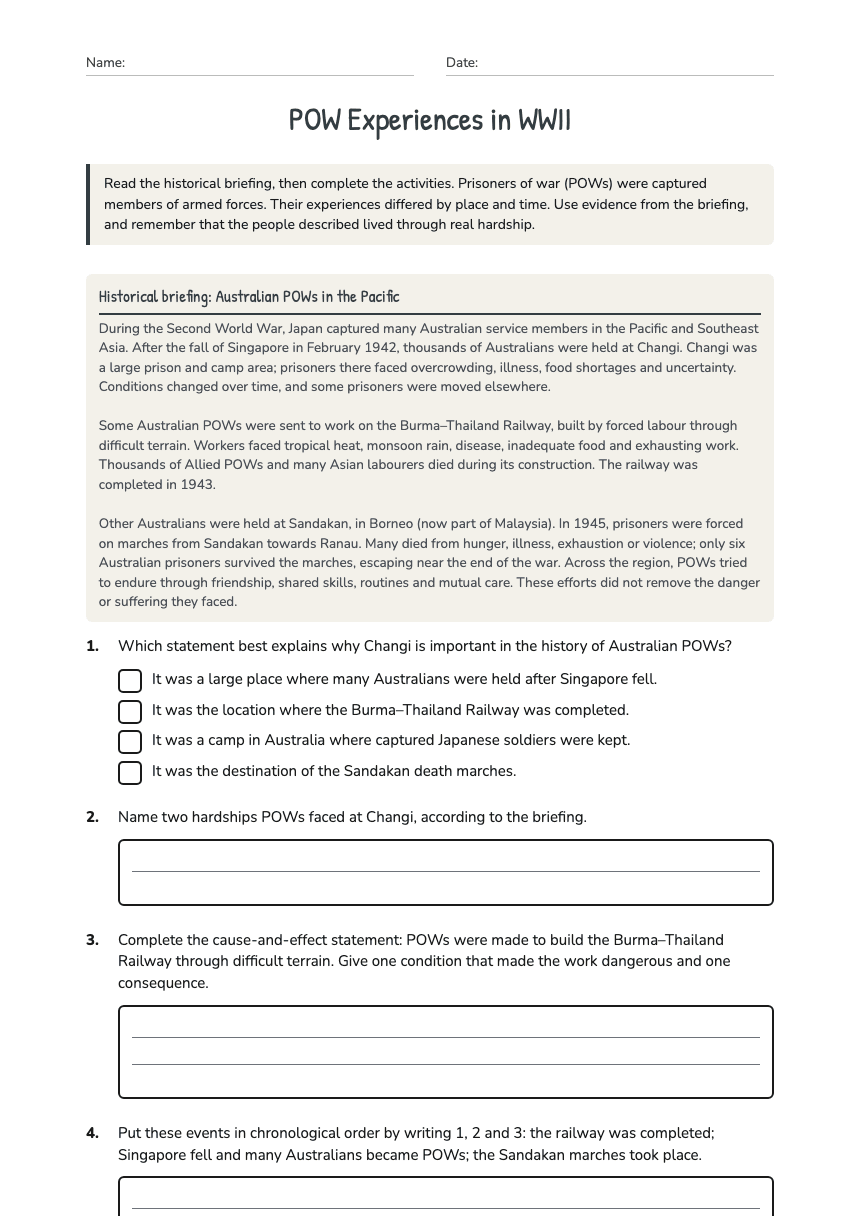 POW Experiences in WWII worksheet preview