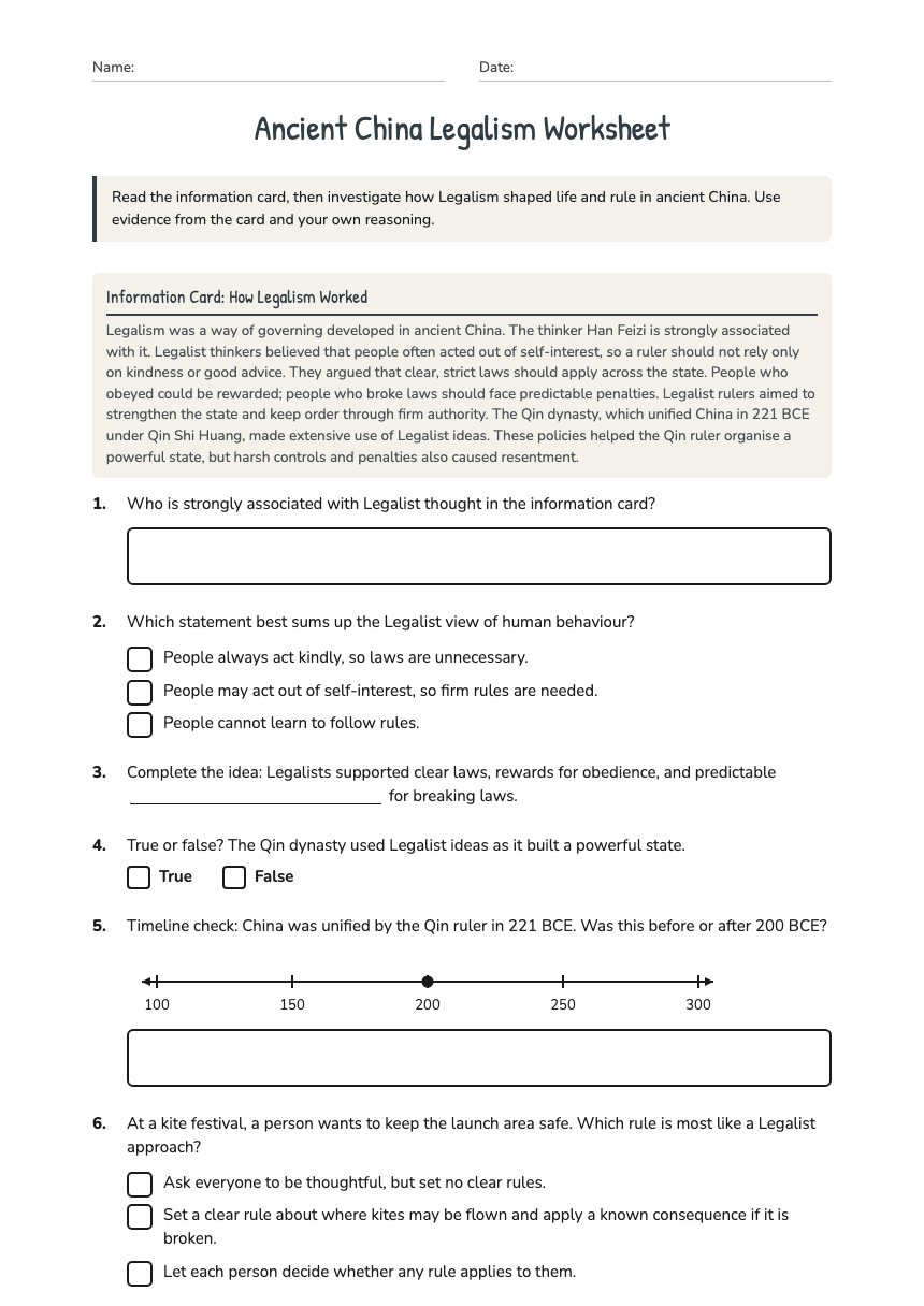 Ancient China Legalism Worksheet worksheet preview