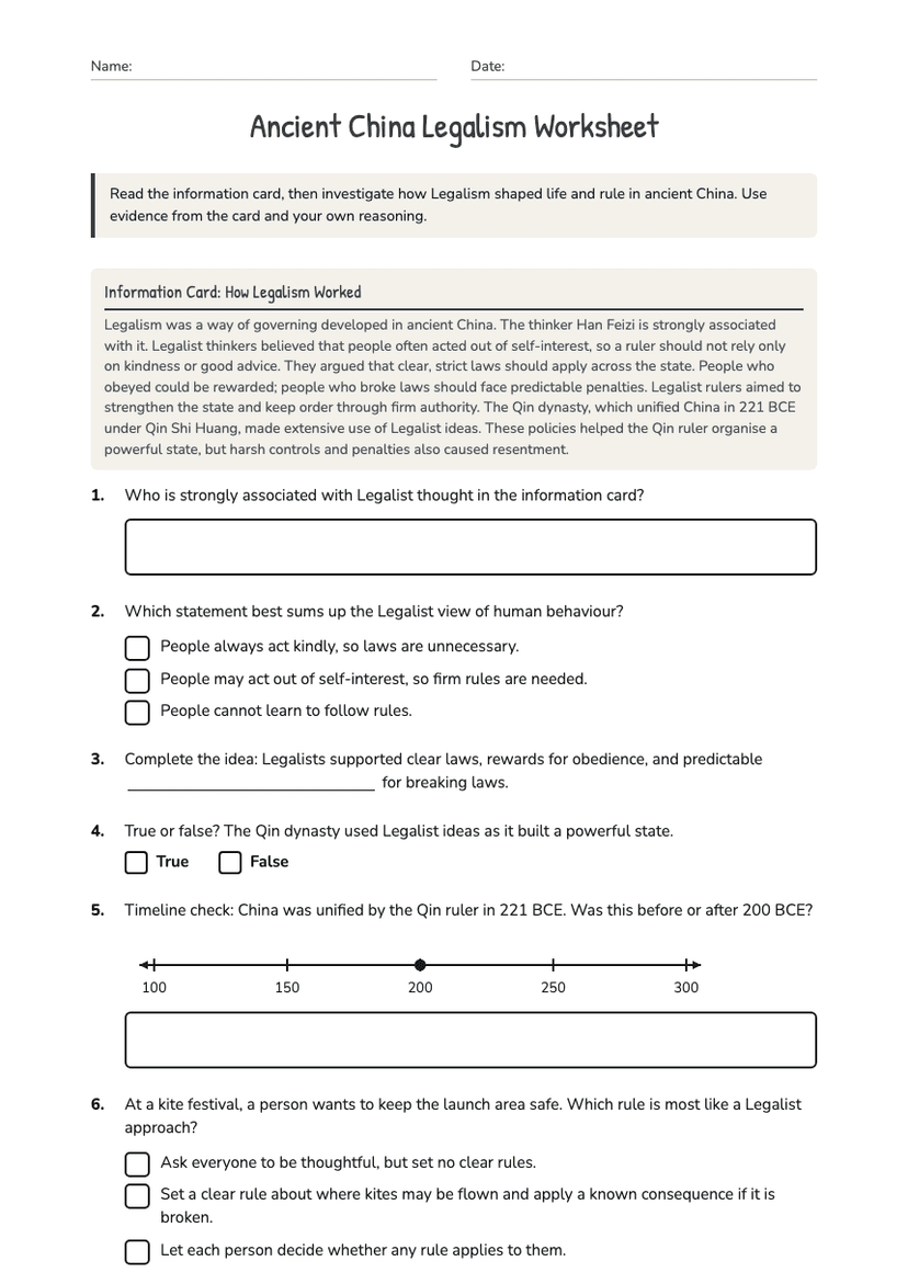 Ancient China Legalism Worksheet