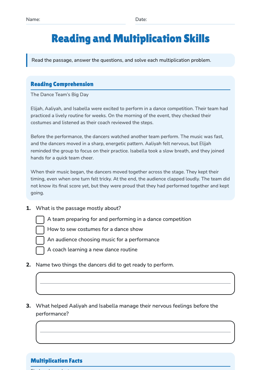 Reading and Multiplication Skills worksheet preview