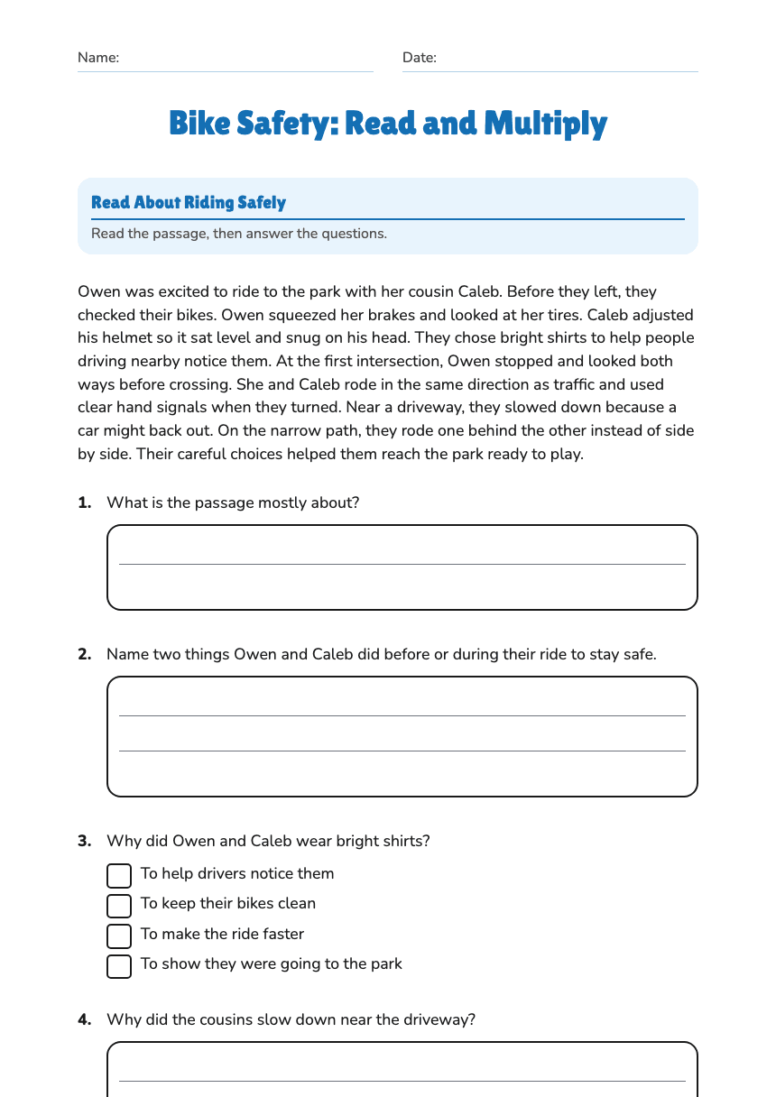 Bike Safety: Read and Multiply worksheet preview