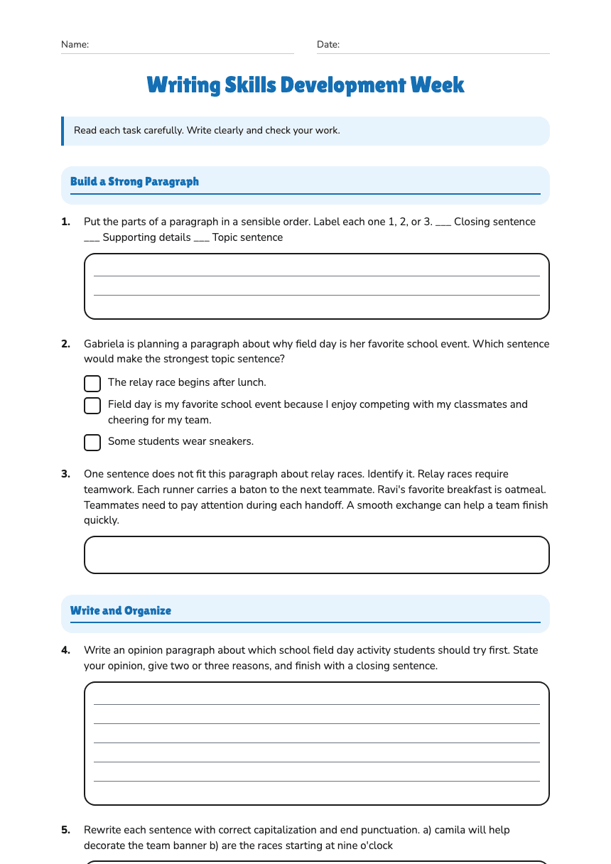 Writing Skills Development Week worksheet preview