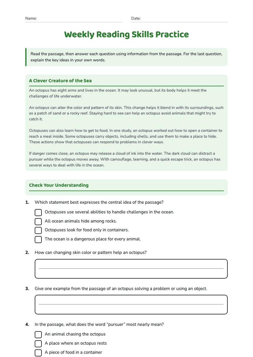 Weekly Reading Skills Practice worksheet preview