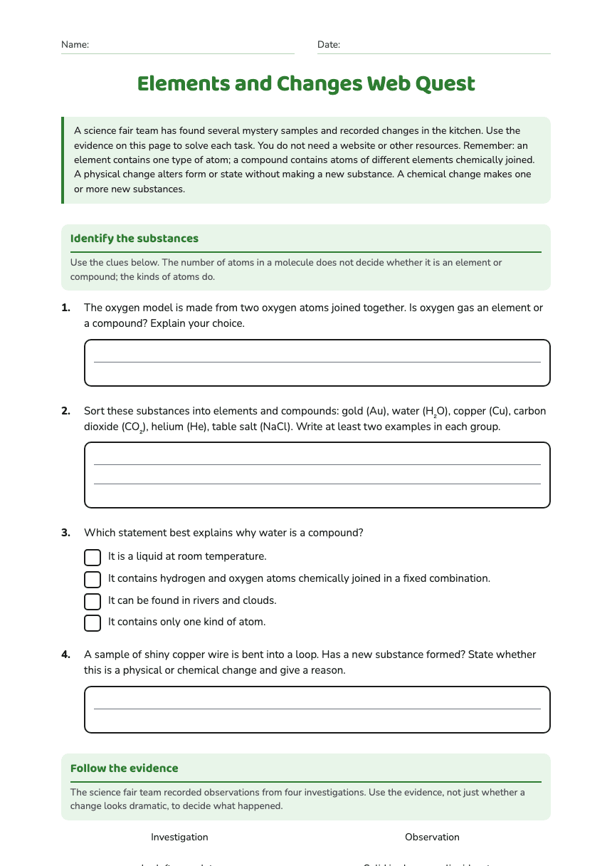 Elements and Changes Web Quest worksheet preview