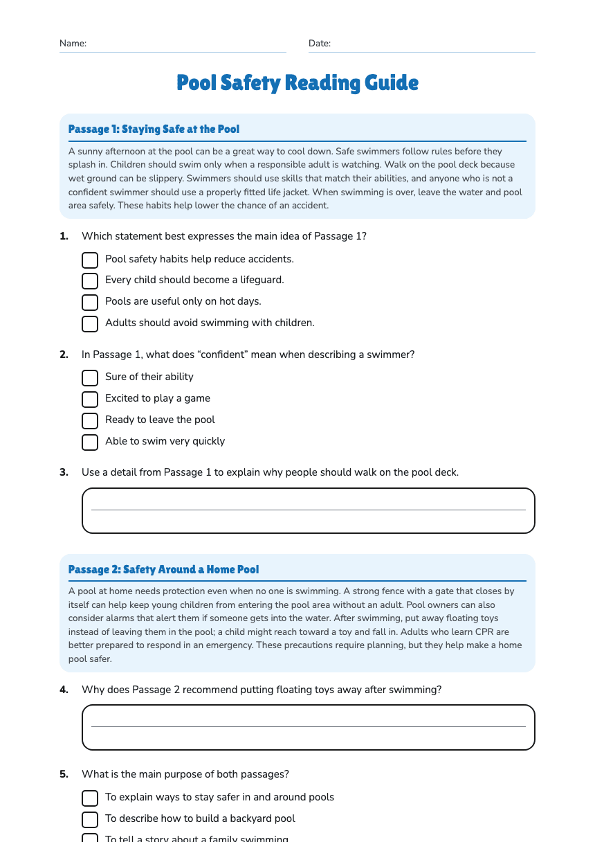Pool Safety Reading Guide worksheet preview