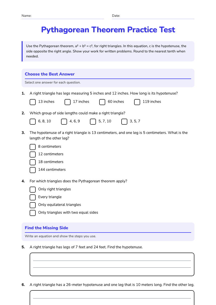 Pythagorean Theorem Practice Test worksheet preview