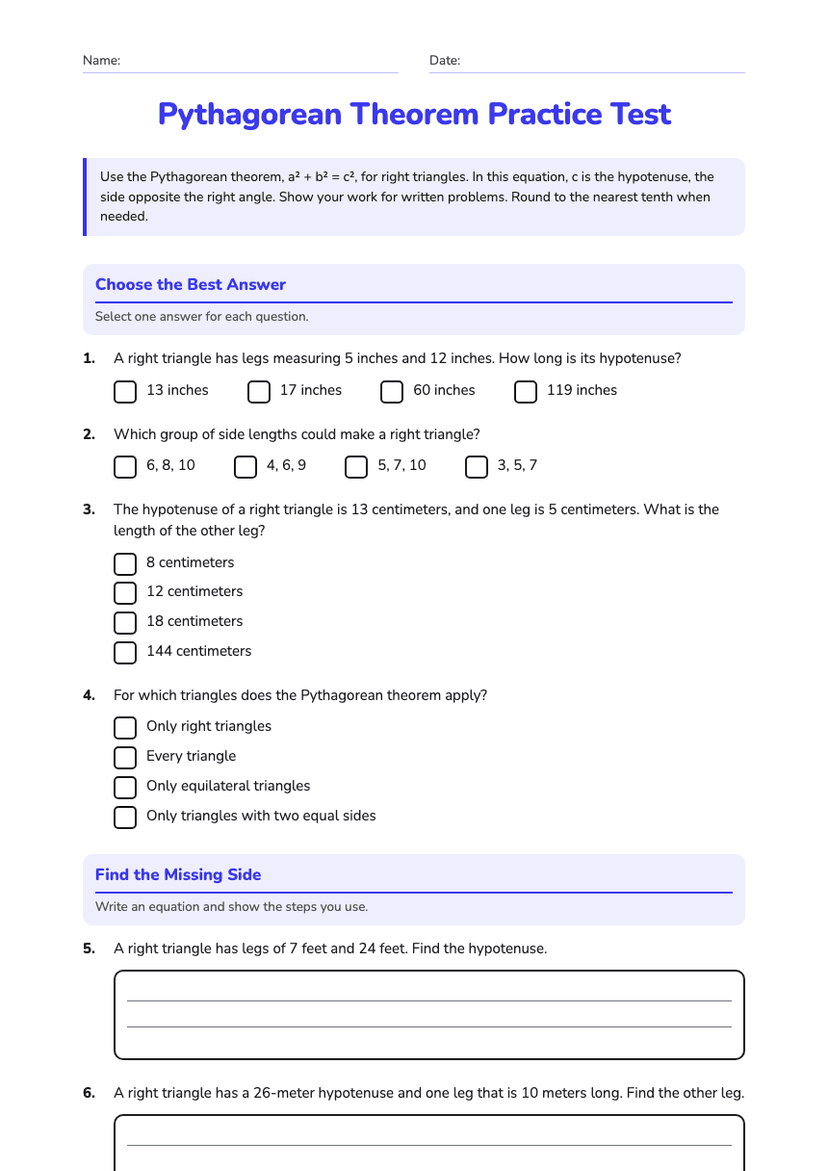 Pythagorean Theorem Practice Test
