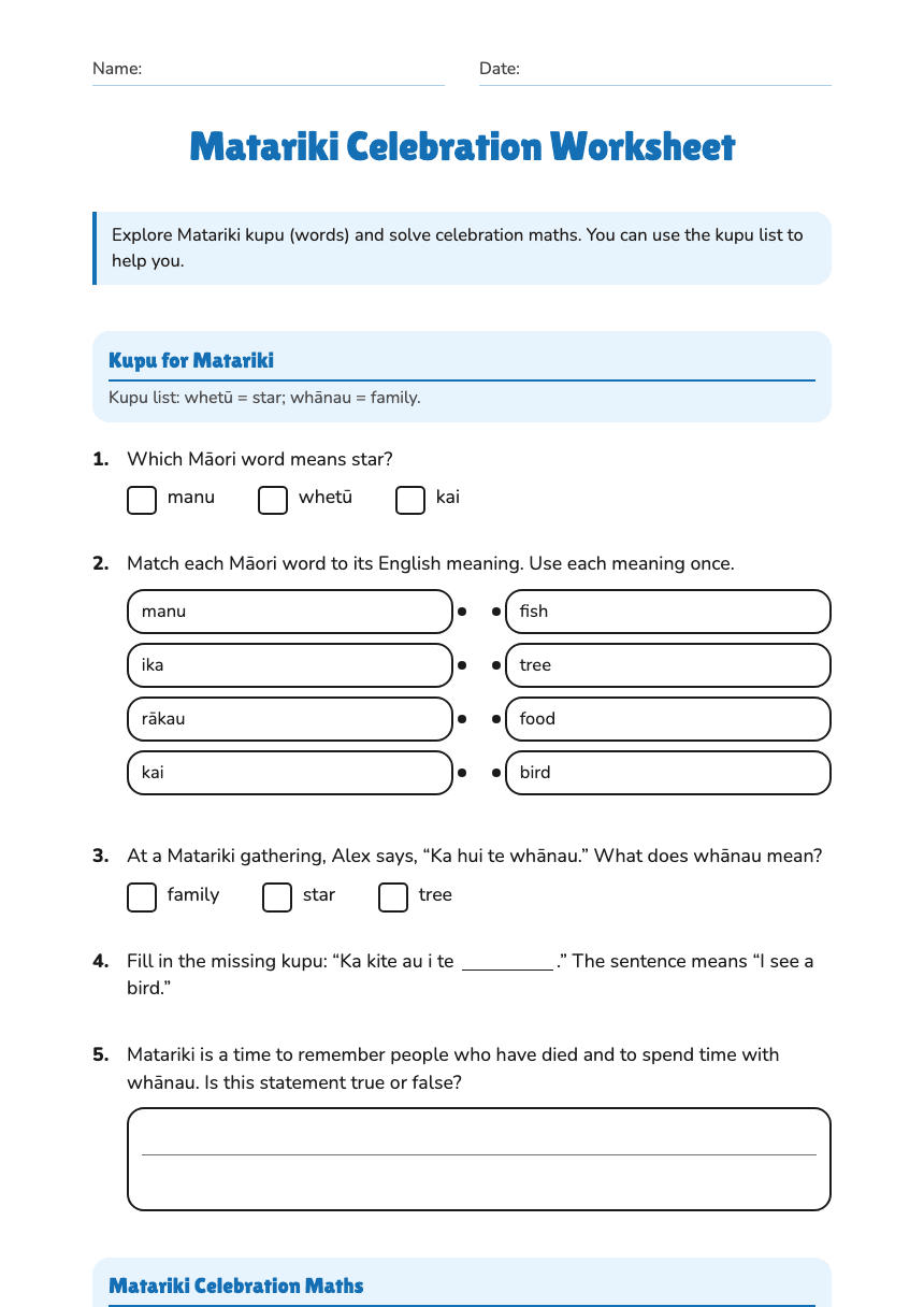 Matariki Celebration Worksheet worksheet preview