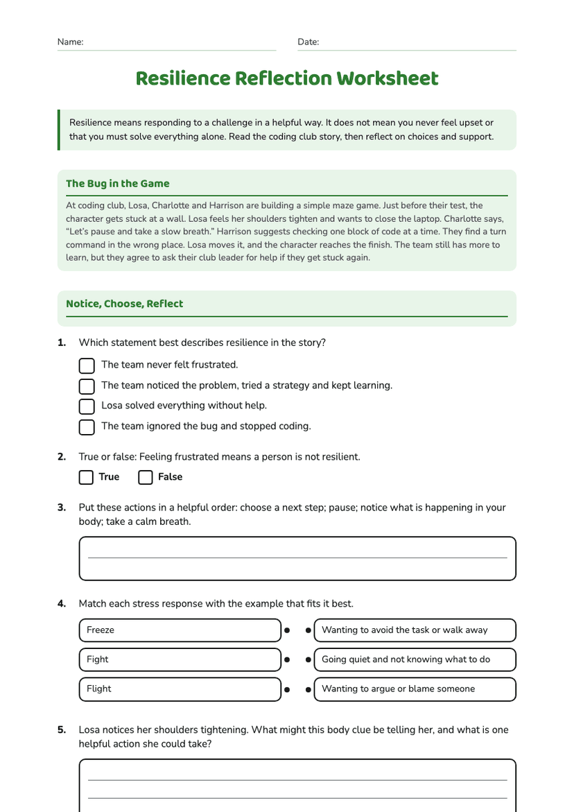 Resilience Reflection Worksheet