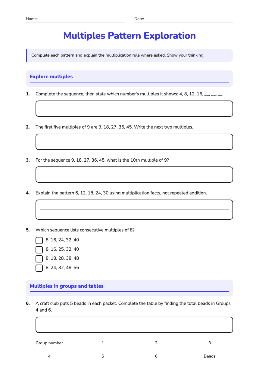 Multiples Pattern Exploration worksheet preview