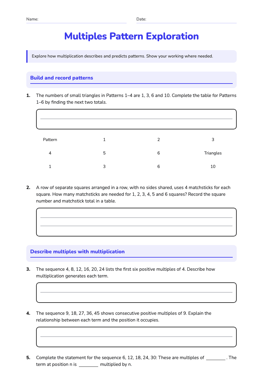 Multiples Pattern Exploration worksheet preview