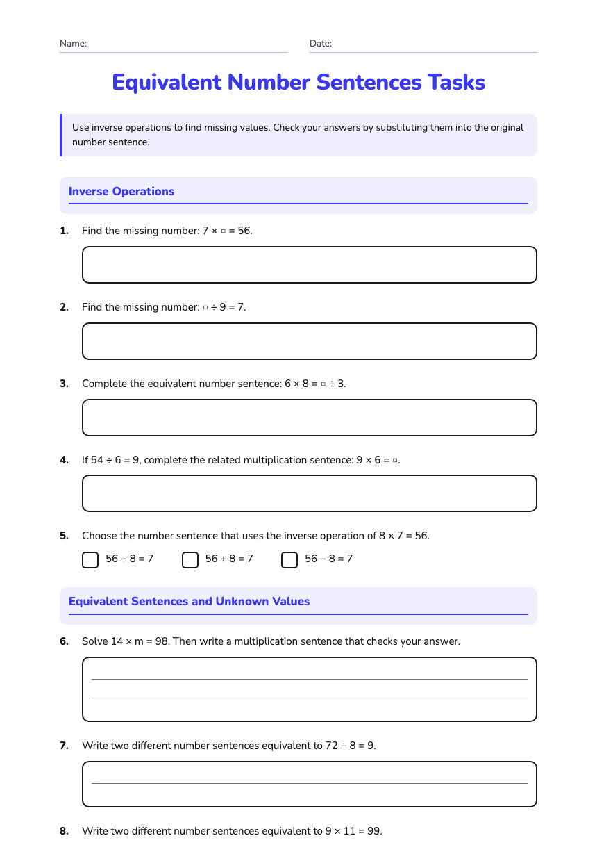 Equivalent Number Sentences Tasks worksheet preview