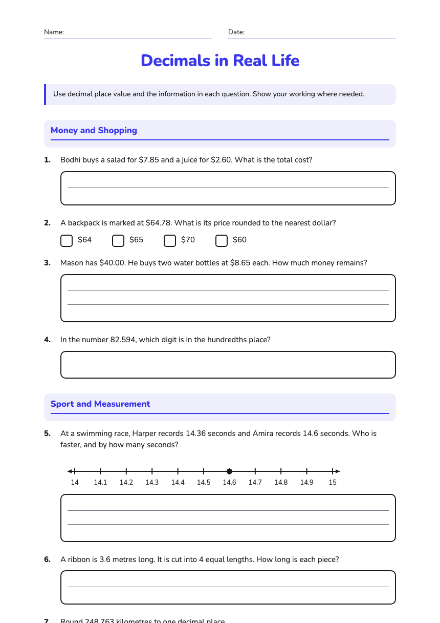 Decimals in Real Life worksheet preview