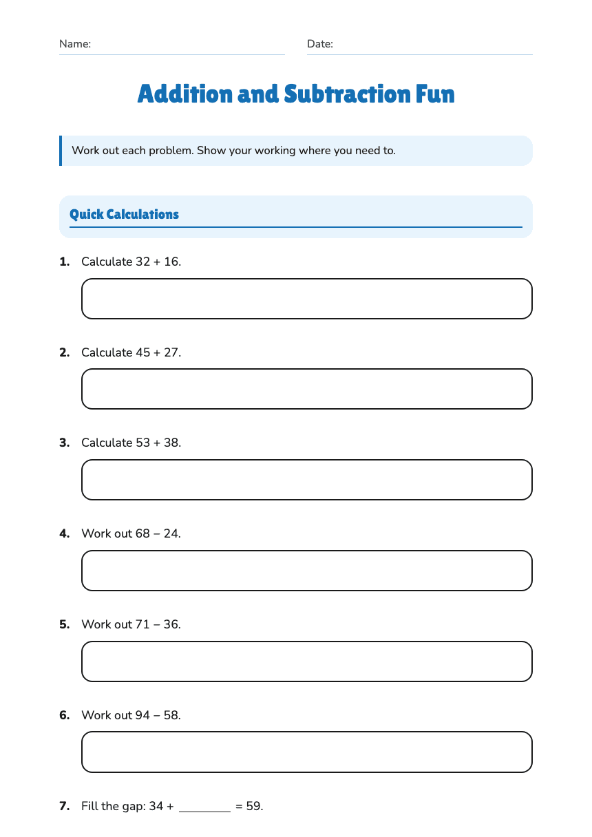 Addition and Subtraction Fun worksheet preview