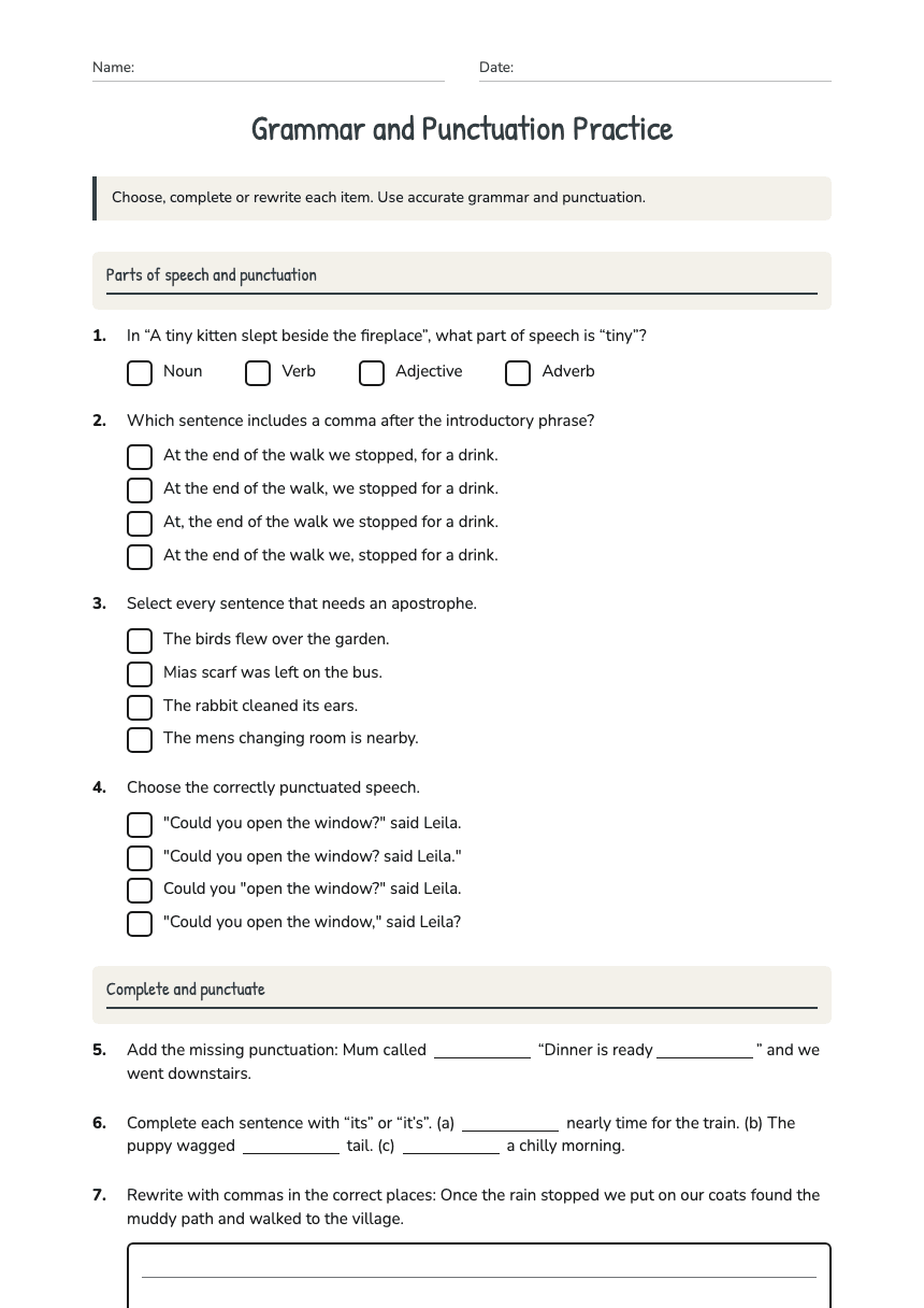 Grammar and Punctuation Practice worksheet preview